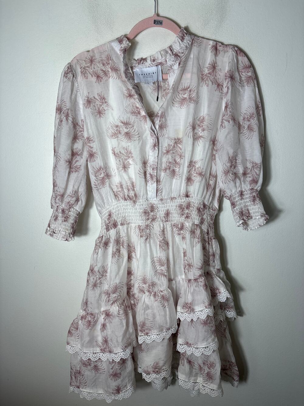 The Shirt Dress by Rochelle Behrens White Purple Knee Length Dress Sz L